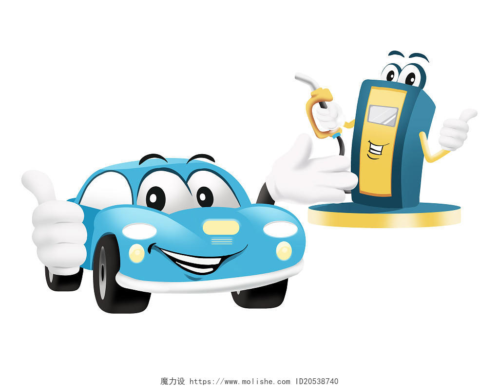 卡通可爱蓝色拟人加油站小汽车点赞插画元素